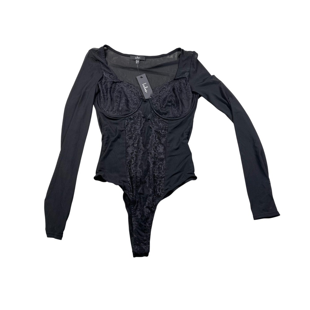 NWT Lulus Black Lace Mesh Long Sleeve Bodysuit Cutout Size Medium